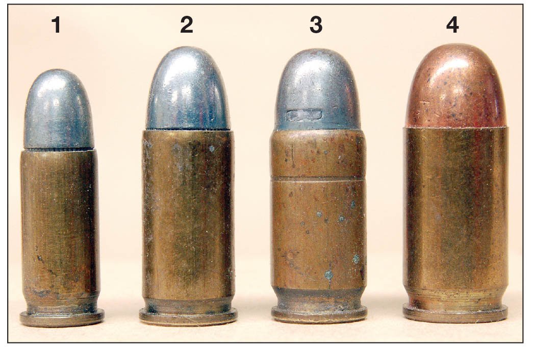 Pocket pistol cartridges included (left to right): (1) .25 ACP, (2) .32 ACP, (3) .35 S&W Auto and (4) .380 ACP.